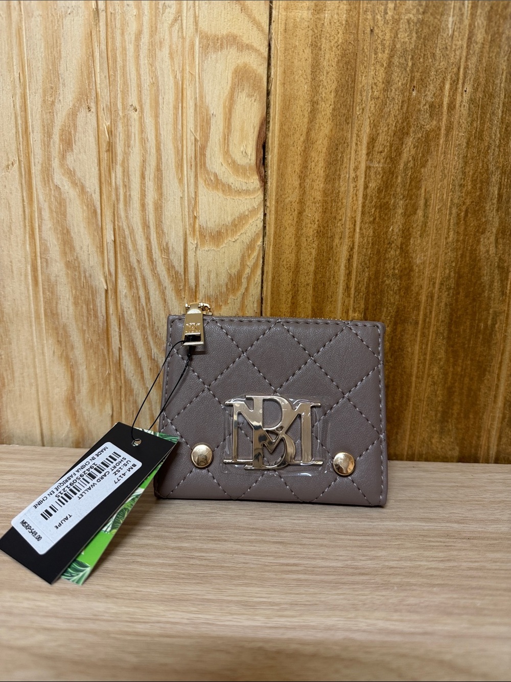 Badgley Mischka Quilted Card & Key Holder in Taupe with Gold Hardware